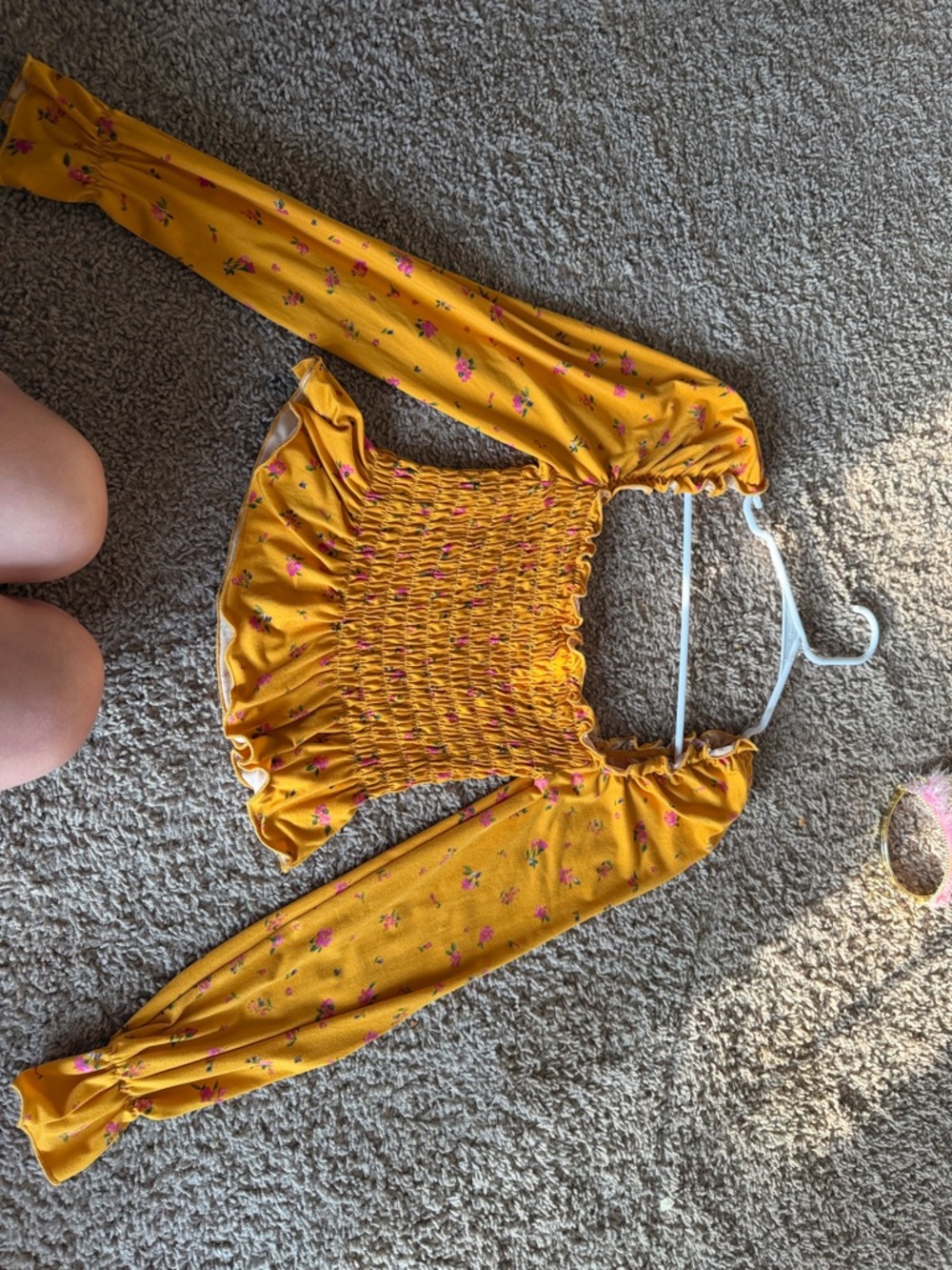 Mustard Yellow Smocked Floral Long-Sleeve Crop Top